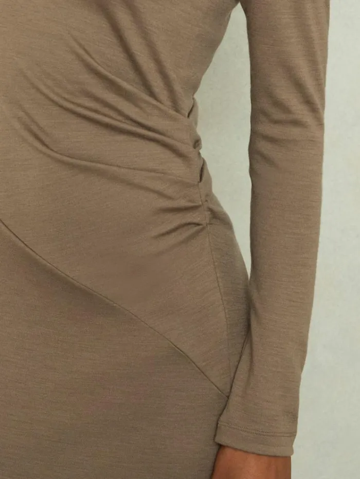 REISS Dresses Women Wool Ruche Detail Midi Dress Camel