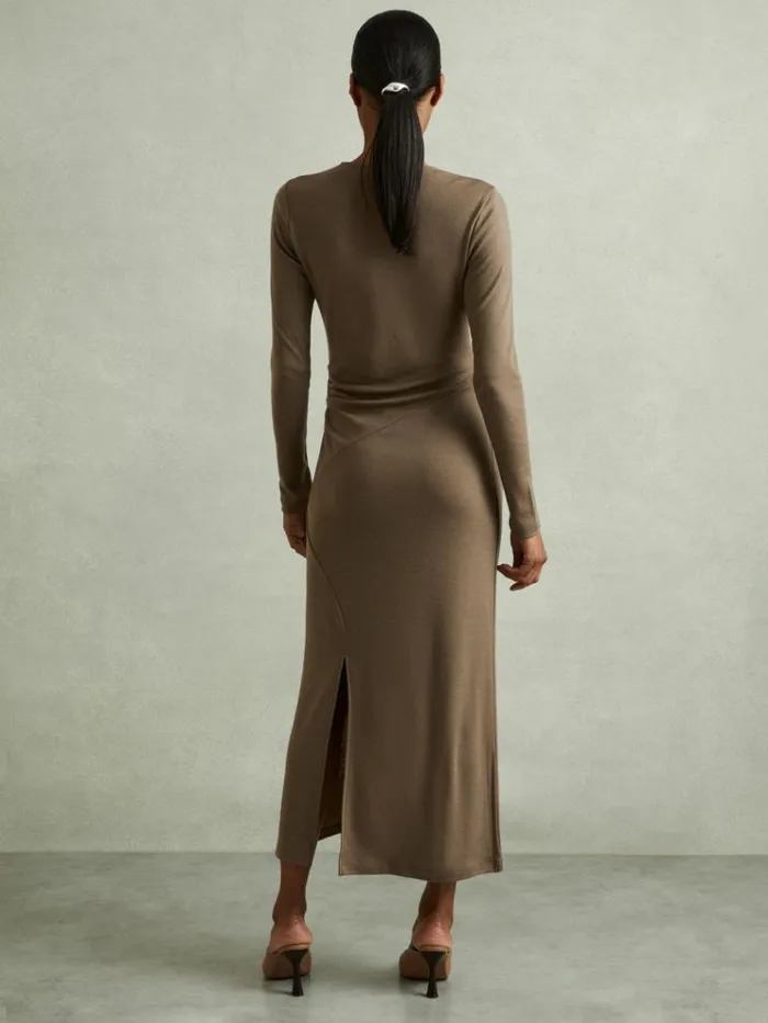 REISS Dresses Women Wool Ruche Detail Midi Dress Camel