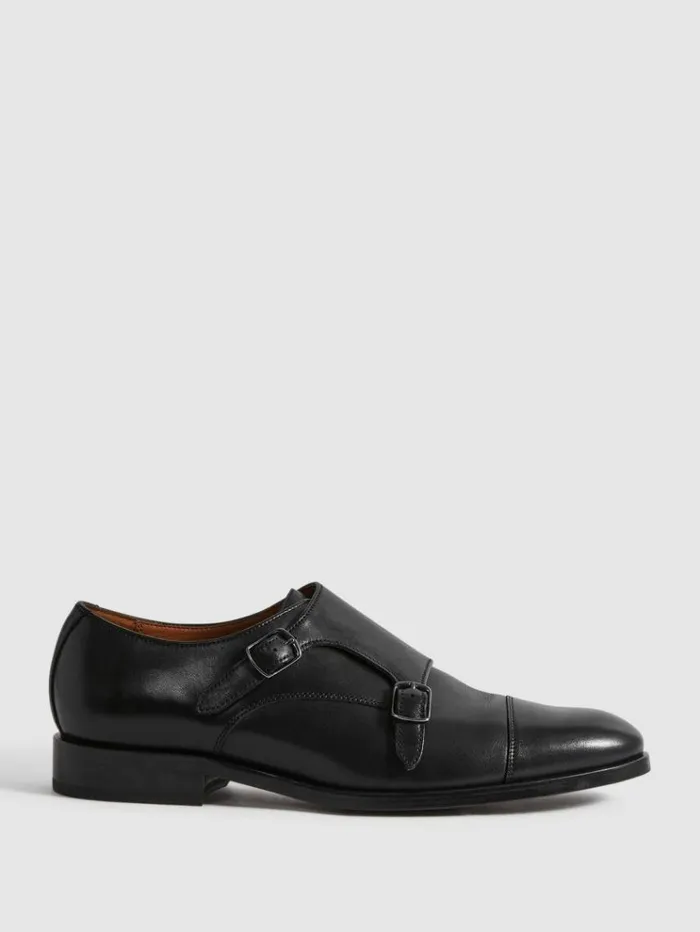 REISS Formal Shoes Men Leather Double Monk Strap Shoes Black