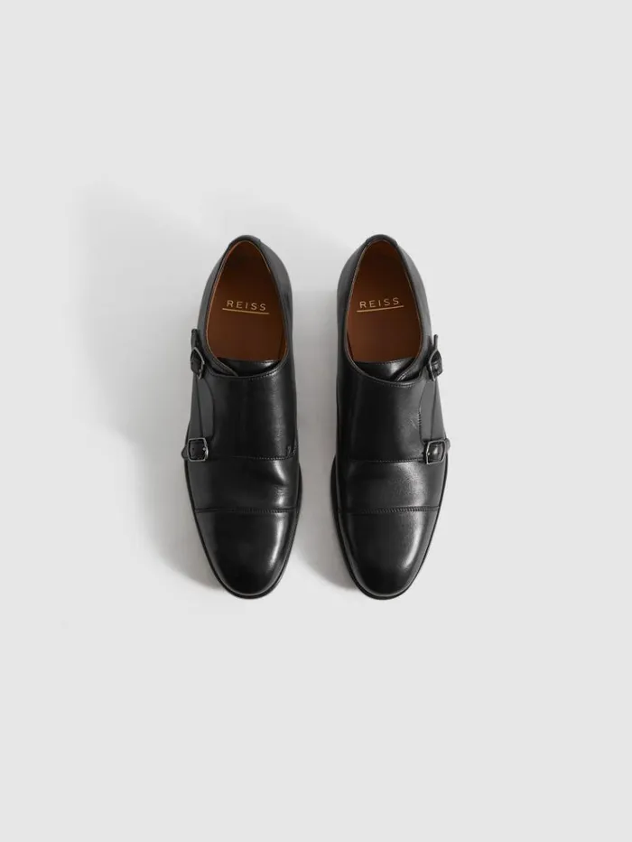 REISS Formal Shoes Men Leather Double Monk Strap Shoes Black