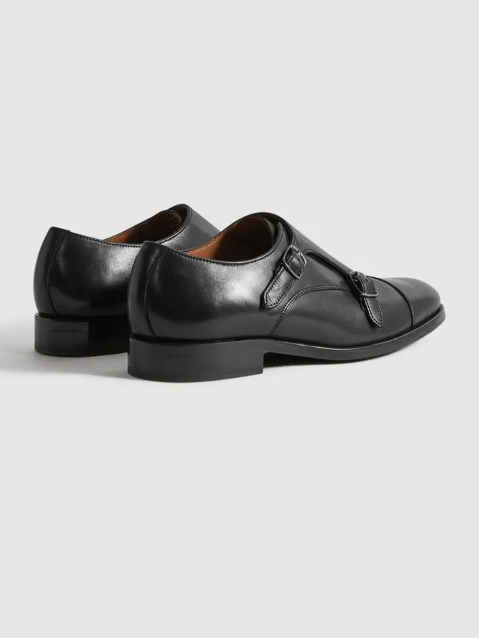 REISS Formal Shoes Men Leather Double Monk Strap Shoes Black