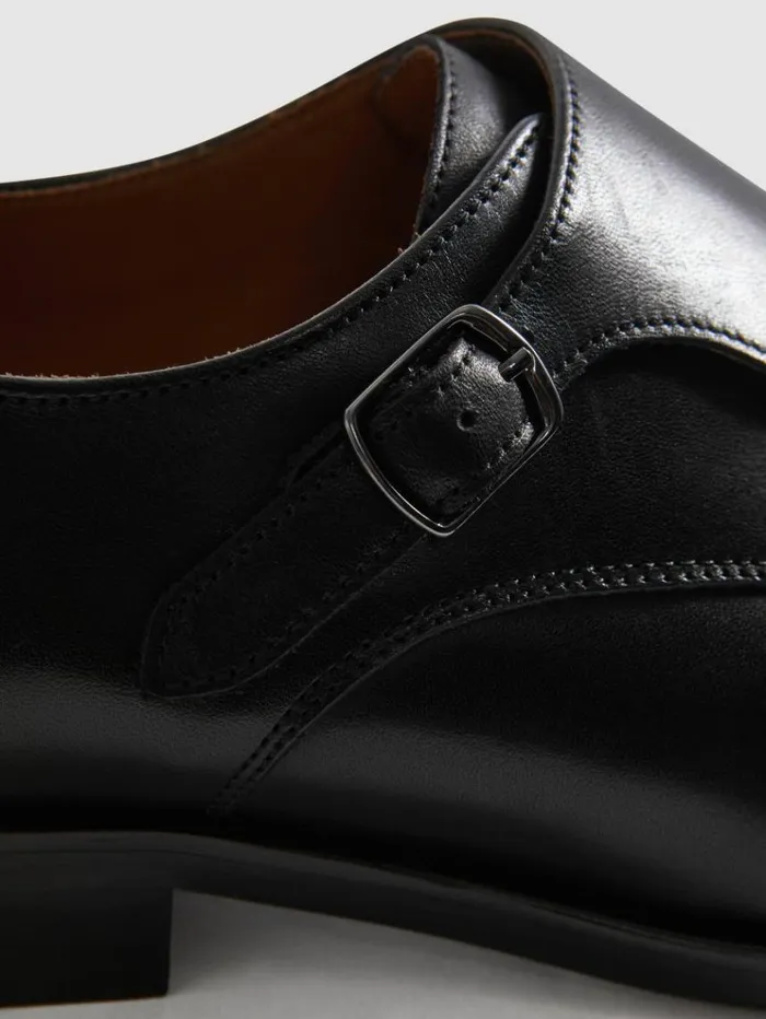 REISS Formal Shoes Men Leather Double Monk Strap Shoes Black