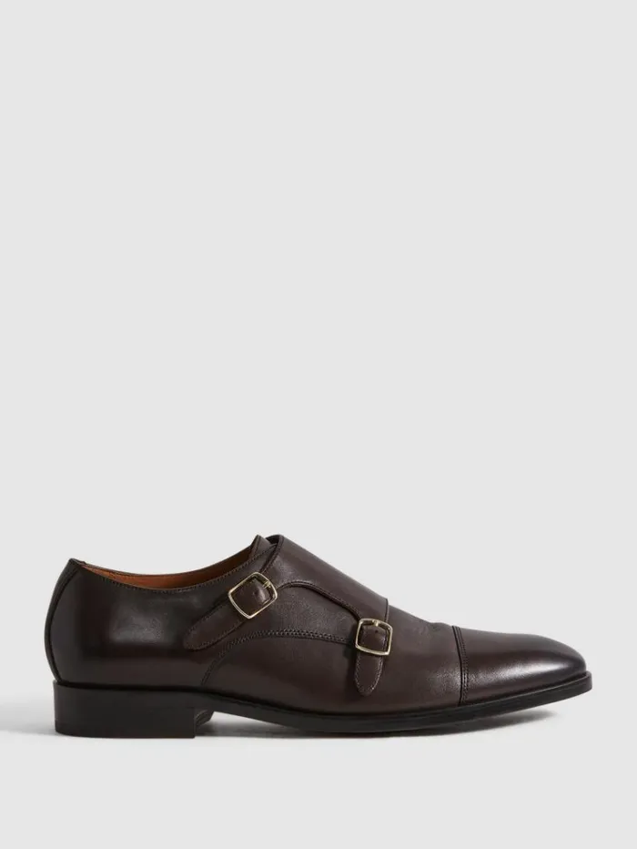 REISS Formal Shoes Men Leather Double Monk Strap Shoes Dark Brown