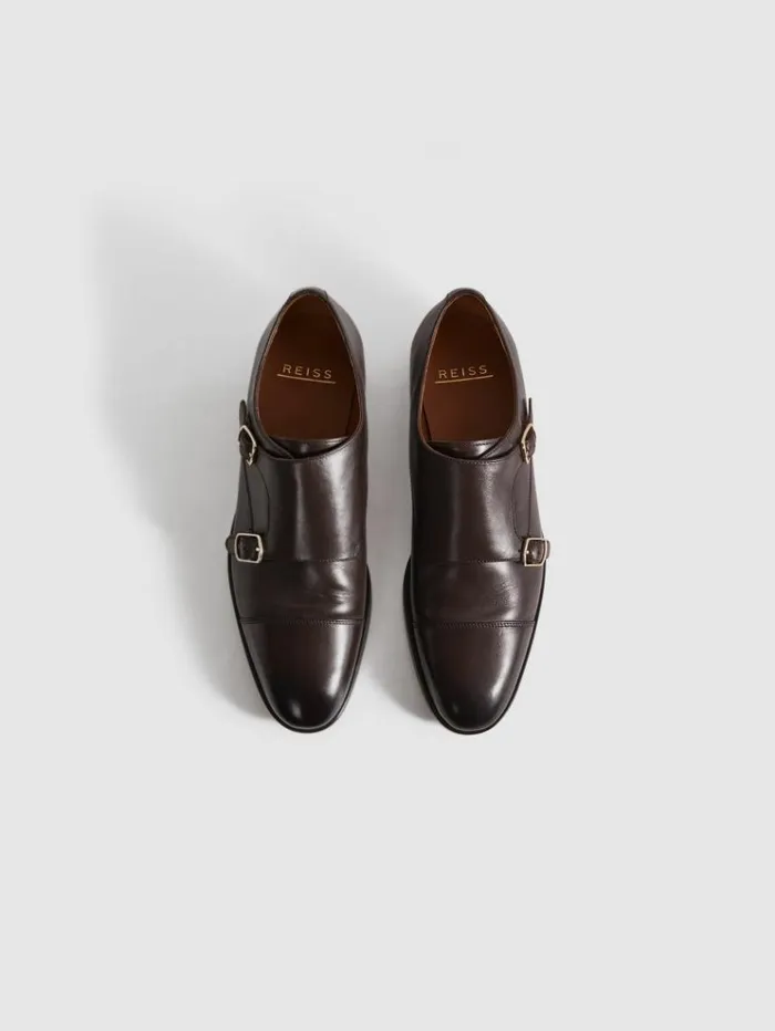 REISS Formal Shoes Men Leather Double Monk Strap Shoes Dark Brown