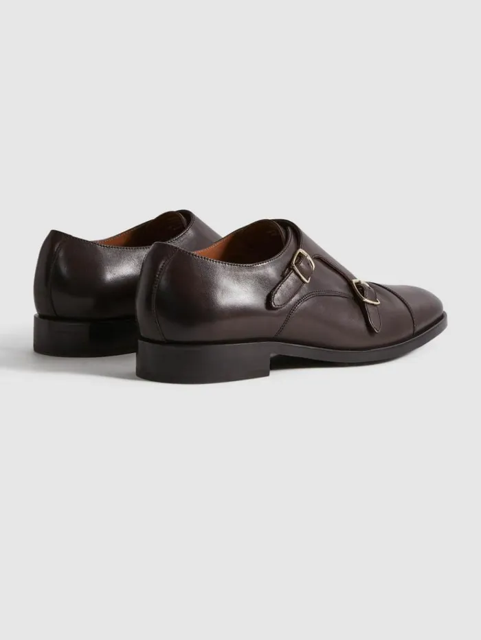 REISS Formal Shoes Men Leather Double Monk Strap Shoes Dark Brown