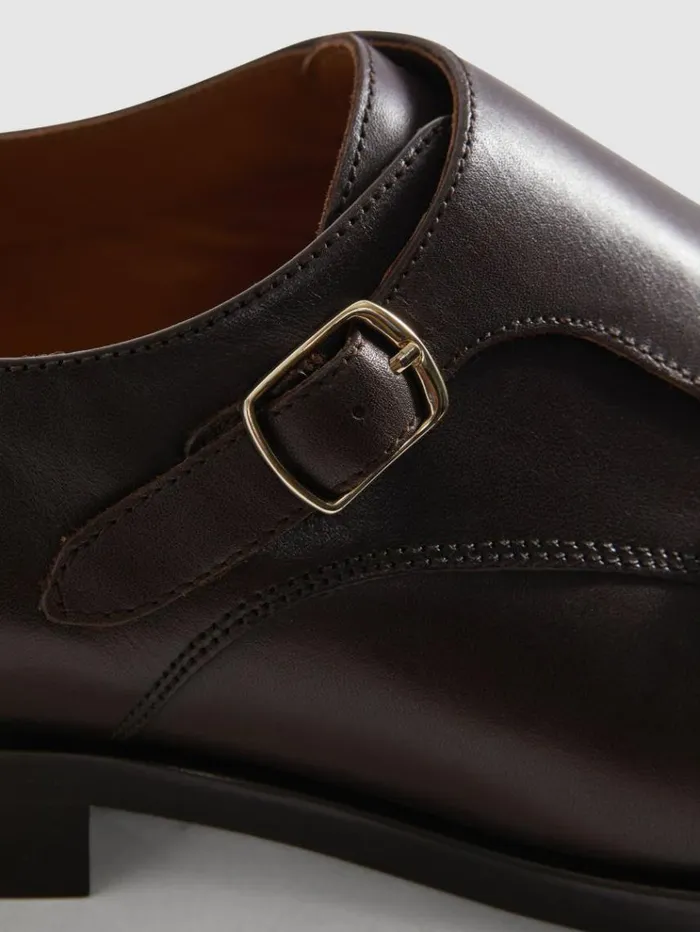 REISS Formal Shoes Men Leather Double Monk Strap Shoes Dark Brown