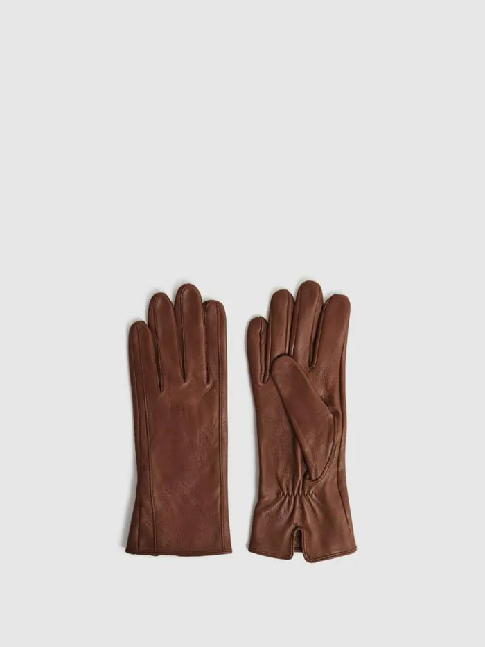 REISS Hats Gloves and Scarves Women Leather Ruched Gloves Tan