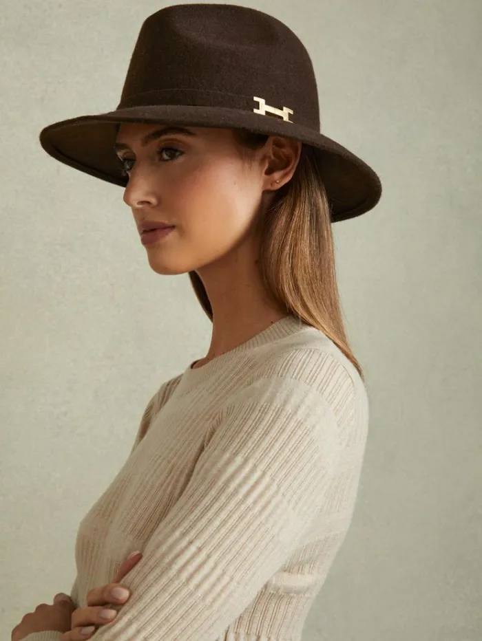 REISS Hats Gloves and Scarves Women Wool Fedora Chocolate