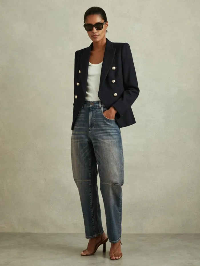 REISS Jeans Women Washed Barrel Leg Jeans Mid Blue