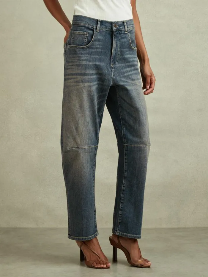 REISS Jeans Women Washed Barrel Leg Jeans Mid Blue