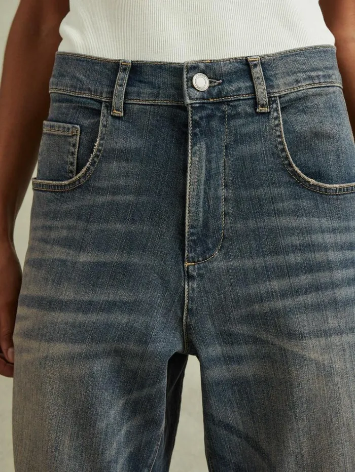 REISS Jeans Women Washed Barrel Leg Jeans Mid Blue