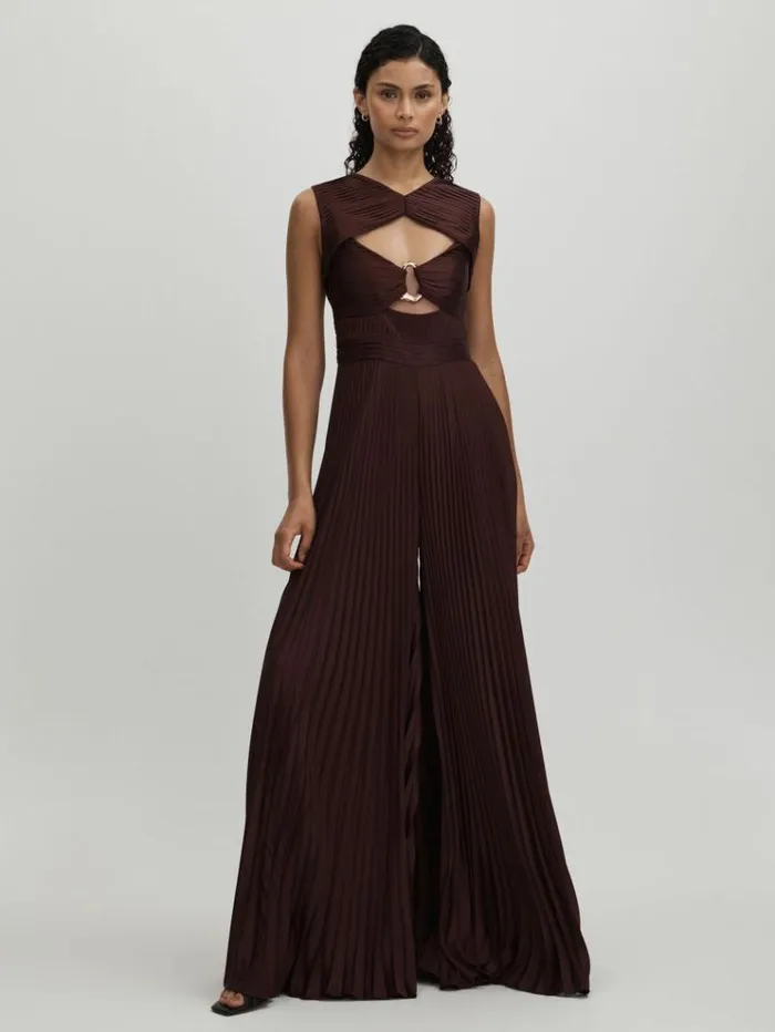 REISS Jumpsuits and Rompers Women Amur CutOut Pleated Wide Leg Jumpsuit Chocolate Brown