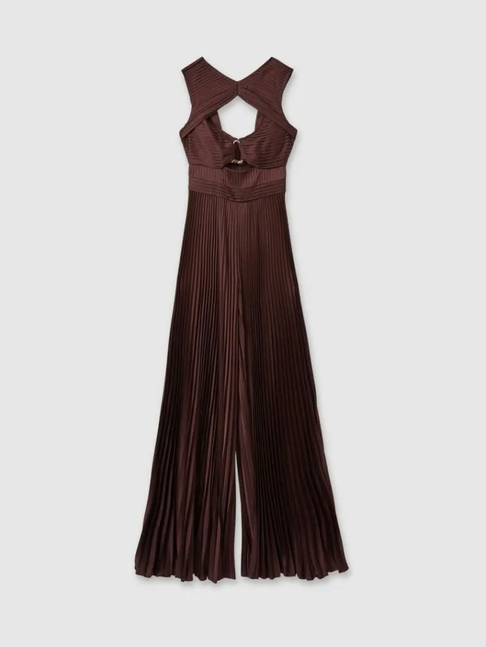 REISS Jumpsuits and Rompers Women Amur CutOut Pleated Wide Leg Jumpsuit Chocolate Brown