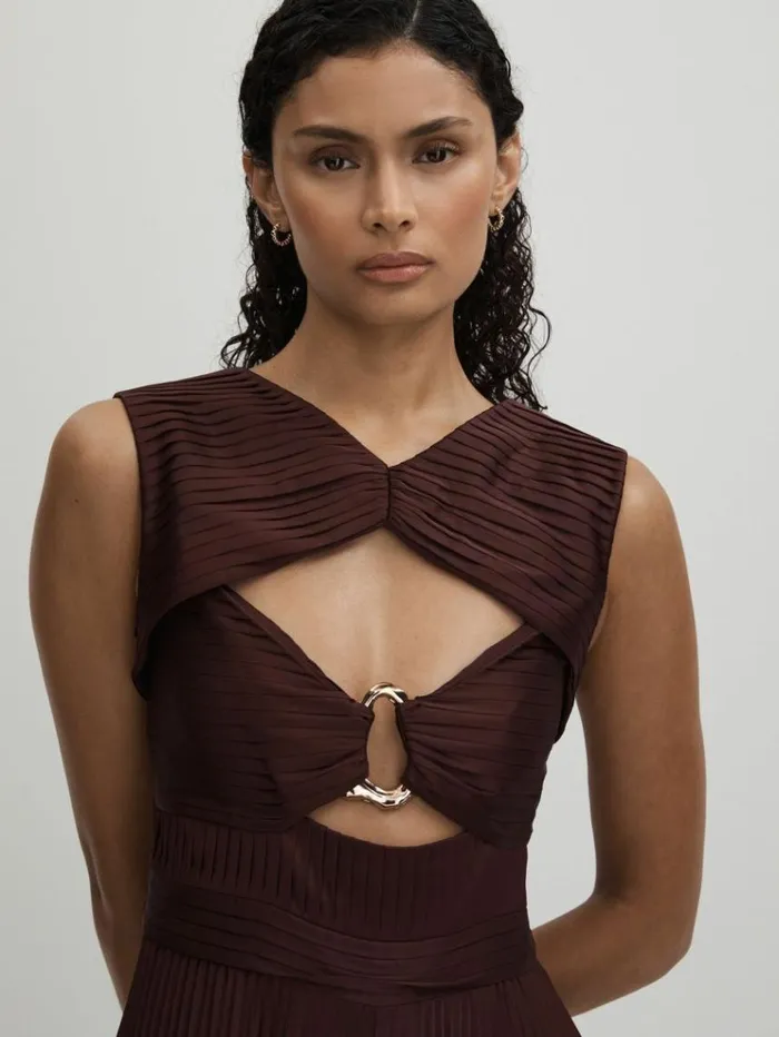 REISS Jumpsuits and Rompers Women Amur CutOut Pleated Wide Leg Jumpsuit Chocolate Brown
