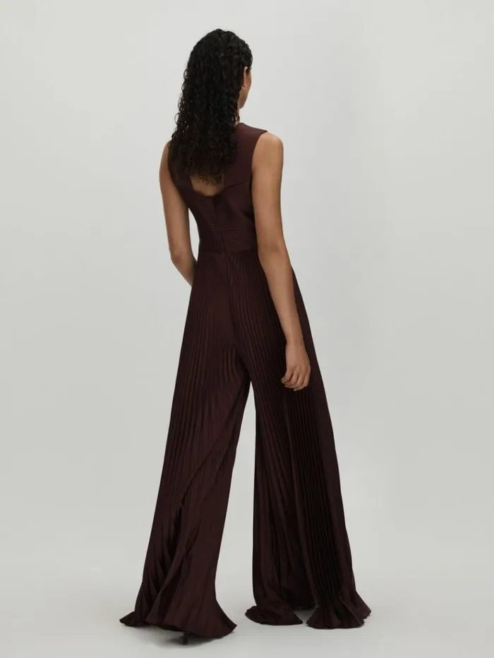 REISS Jumpsuits and Rompers Women Amur CutOut Pleated Wide Leg Jumpsuit Chocolate Brown