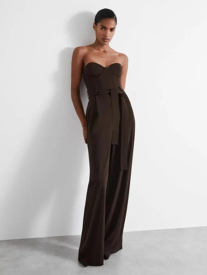 REISS Jumpsuits and Rompers Women Atelier Strapless Crepe Bustier Jumpsuit Chocolate REISS Jumpsuits and Rompers Women Atelier Strapless Crepe Bustier Jumpsuit Chocolate