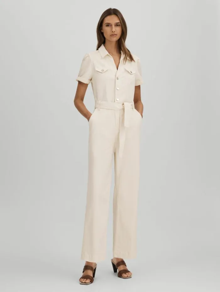 REISS Jumpsuits and Rompers Women Paige Denim Puff Sleeve Jumpsuit Sand