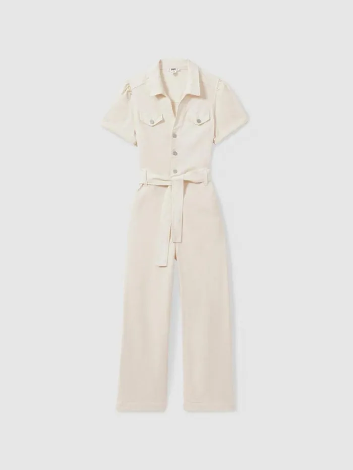 REISS Jumpsuits and Rompers Women Paige Denim Puff Sleeve Jumpsuit Sand
