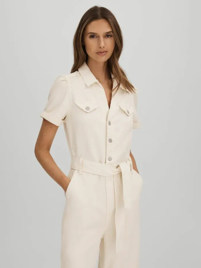 REISS Jumpsuits and Rompers Women Paige Denim Puff Sleeve Jumpsuit Sand