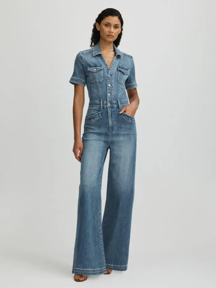 REISS Jumpsuits and Rompers Women Paige Mid Blue Wide Leg Denim Jumpsuit Mid Blue