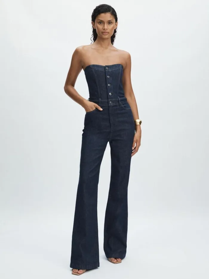 REISS Jumpsuits and Rompers Women Paige Stretch Cotton Denim Bustier Jumpsuit Calix Blue