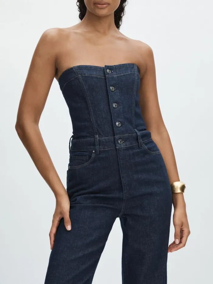 REISS Jumpsuits and Rompers Women Paige Stretch Cotton Denim Bustier Jumpsuit Calix Blue