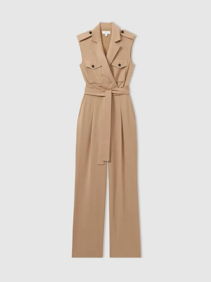 REISS Jumpsuits and Rompers Women Wool Blend Double Breasted Belted Jumpsuit Stone