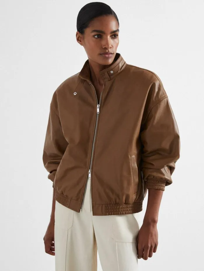 REISS Leather Jackets Women Atelier Leather Latched Collar Bomber Jacket Tan