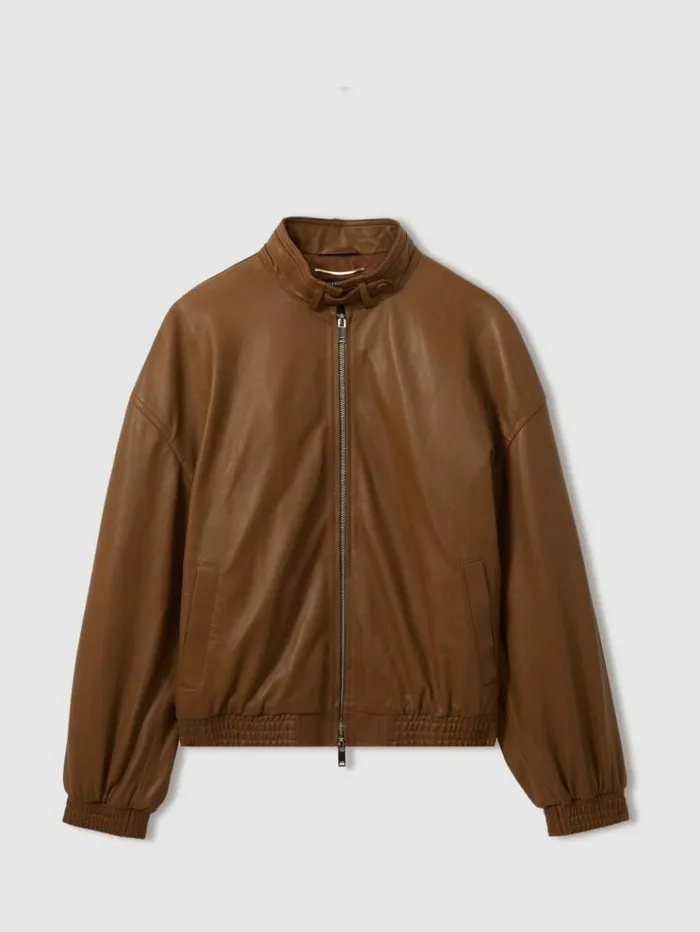 REISS Leather Jackets Women Atelier Leather Latched Collar Bomber Jacket Tan