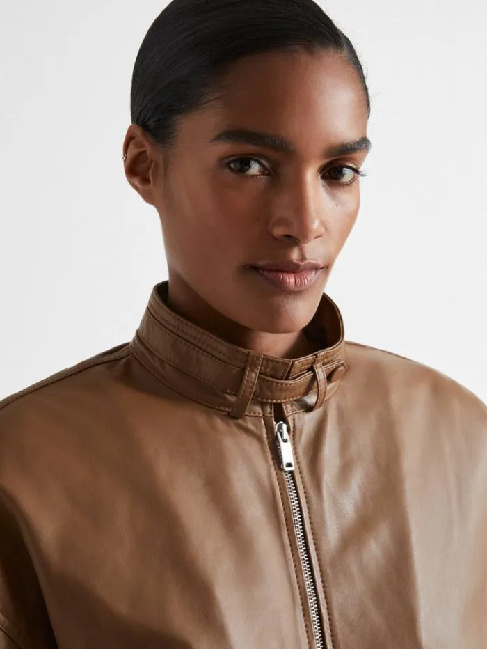 REISS Leather Jackets Women Atelier Leather Latched Collar Bomber Jacket Tan