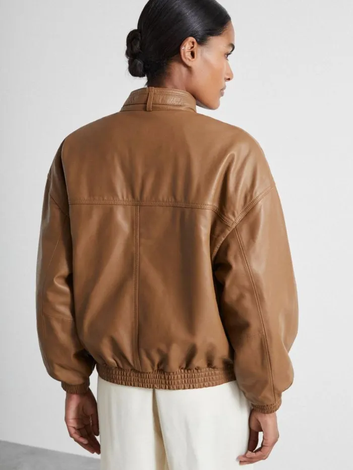 REISS Leather Jackets Women Atelier Leather Latched Collar Bomber Jacket Tan