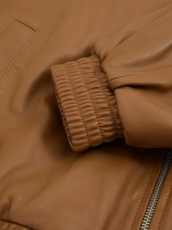REISS Leather Jackets Women Atelier Leather Latched Collar Bomber Jacket Tan