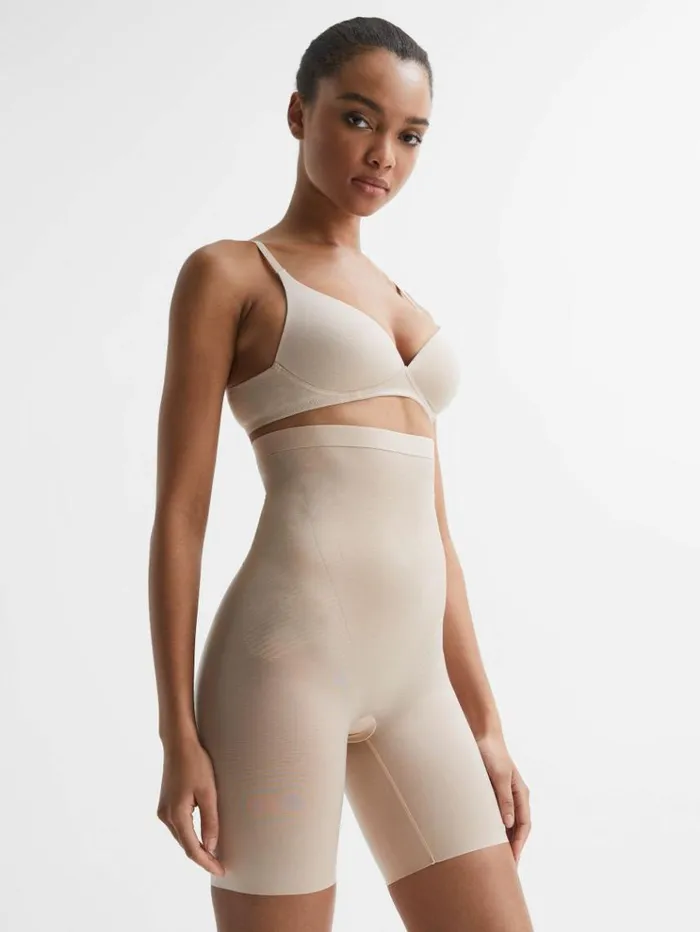 REISS Lingerie Women Spanx Shapewear Firming HighWaisted MidThigh Shorts Champagne