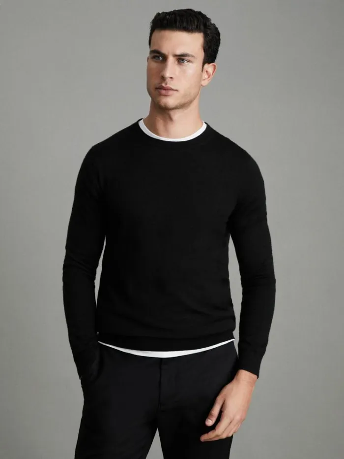 REISS Merino Sweaters Men Merino Wool Crew Neck Jumper Black