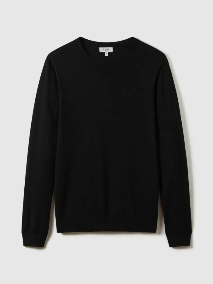 REISS Merino Sweaters Men Merino Wool Crew Neck Jumper Black