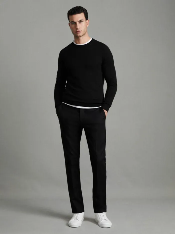 REISS Merino Sweaters Men Merino Wool Crew Neck Jumper Black