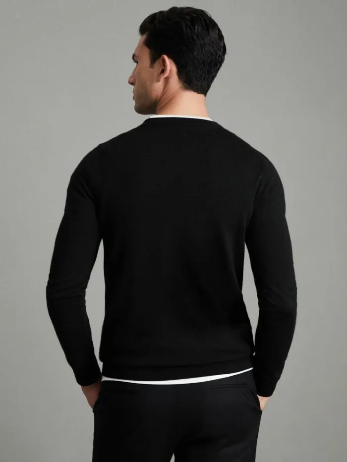 REISS Merino Sweaters Men Merino Wool Crew Neck Jumper Black