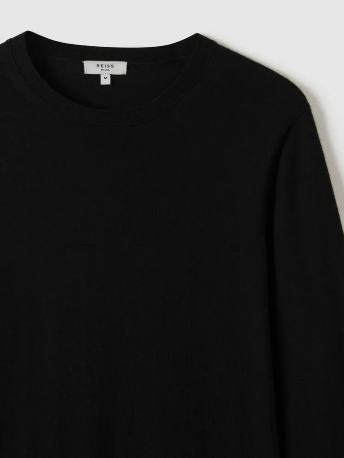 REISS Merino Sweaters Men Merino Wool Crew Neck Jumper Black