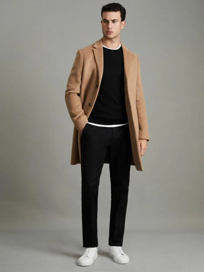 REISS Merino Sweaters Men Merino Wool Crew Neck Jumper Black