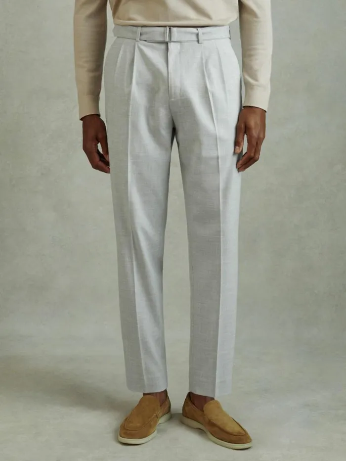 REISS Pants Men Belted Cropped Trousers Light Grey