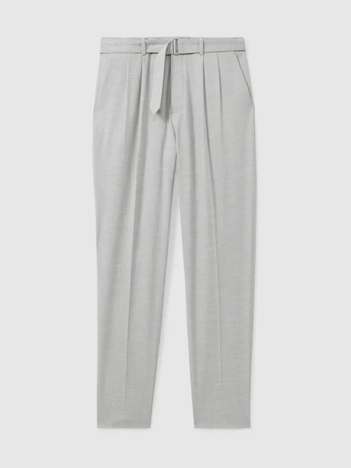 REISS Pants Men Belted Cropped Trousers Light Grey