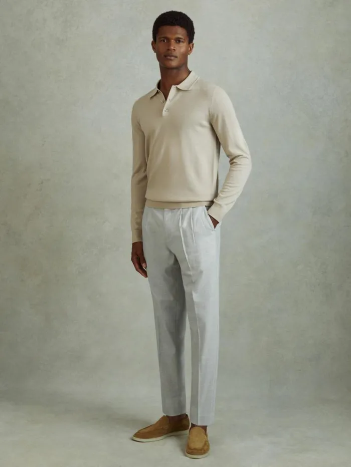 REISS Pants Men Belted Cropped Trousers Light Grey