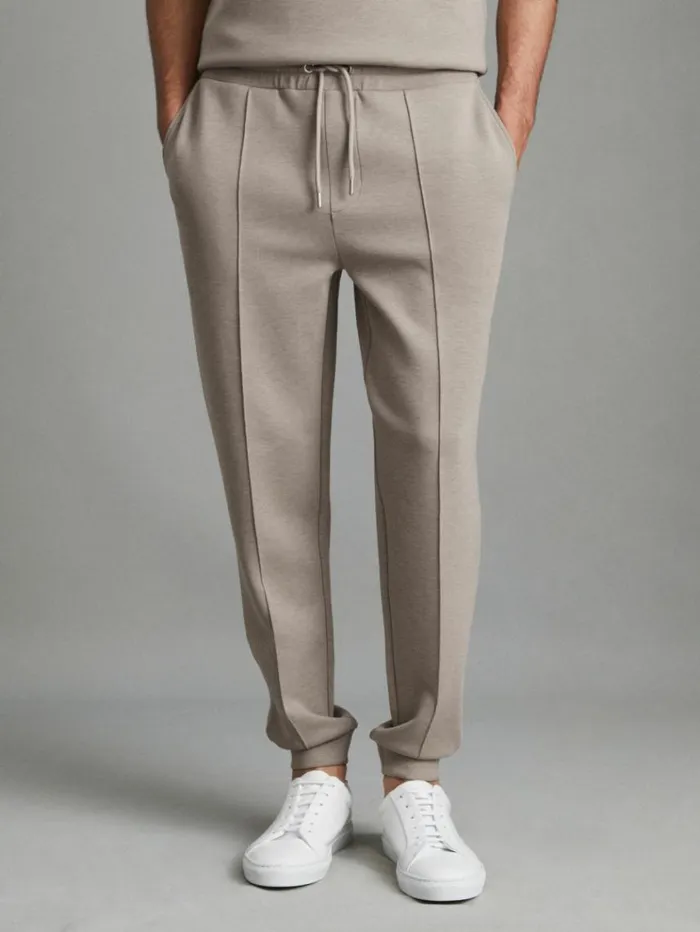 REISS Pants Men Interlock Jersey Drawstring Joggers Taupe