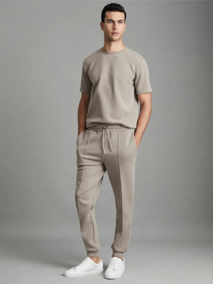 REISS Pants Men Interlock Jersey Drawstring Joggers Taupe