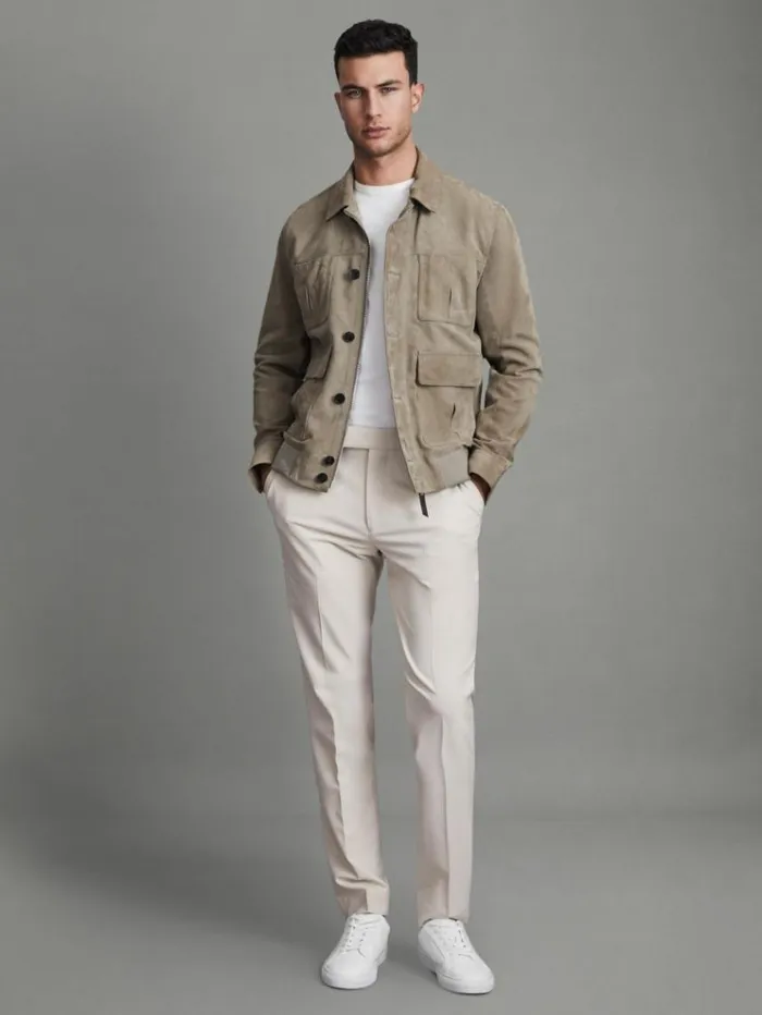 REISS Pants Men Relaxed Drawstring Trousers Stone