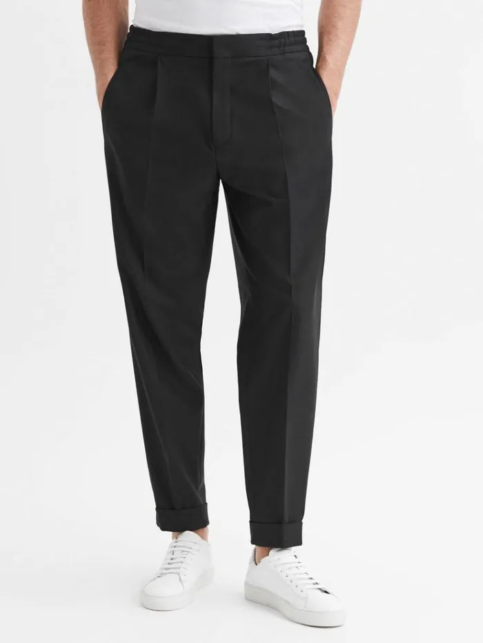 REISS Pants Men Relaxed Drawstring Trousers With TurnUps Black