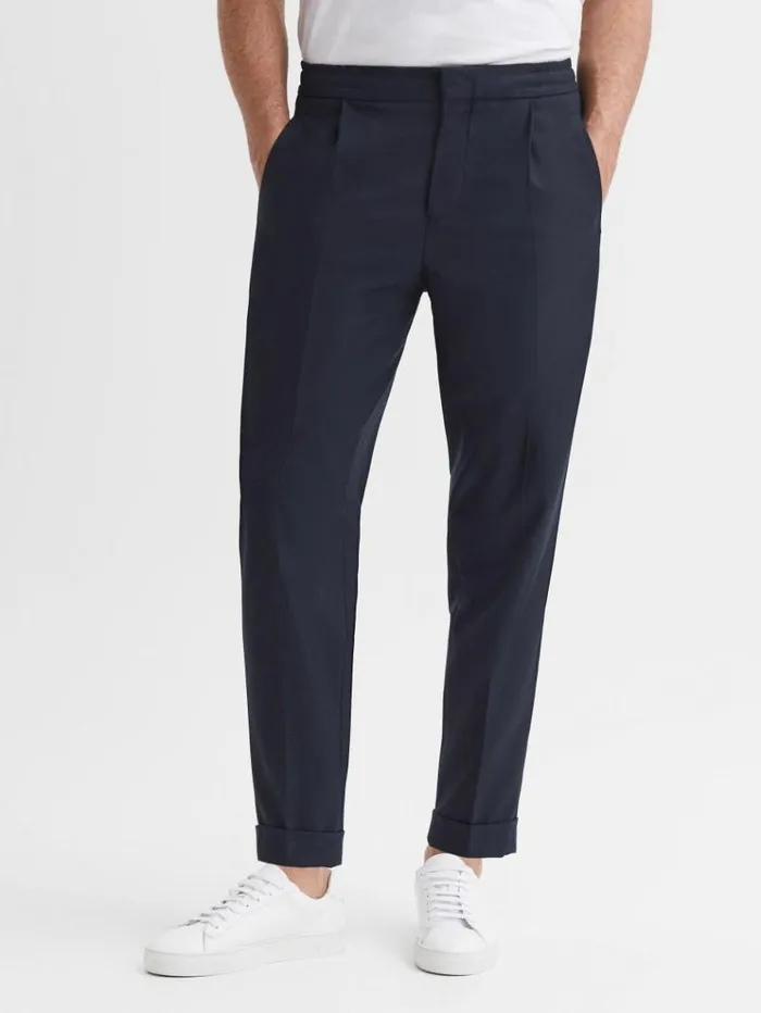 REISS Pants Men Relaxed Drawstring Trousers With TurnUps Navy