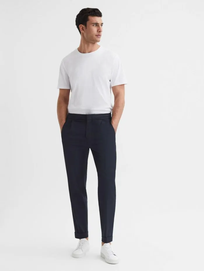 REISS Pants Men Relaxed Drawstring Trousers With TurnUps Navy