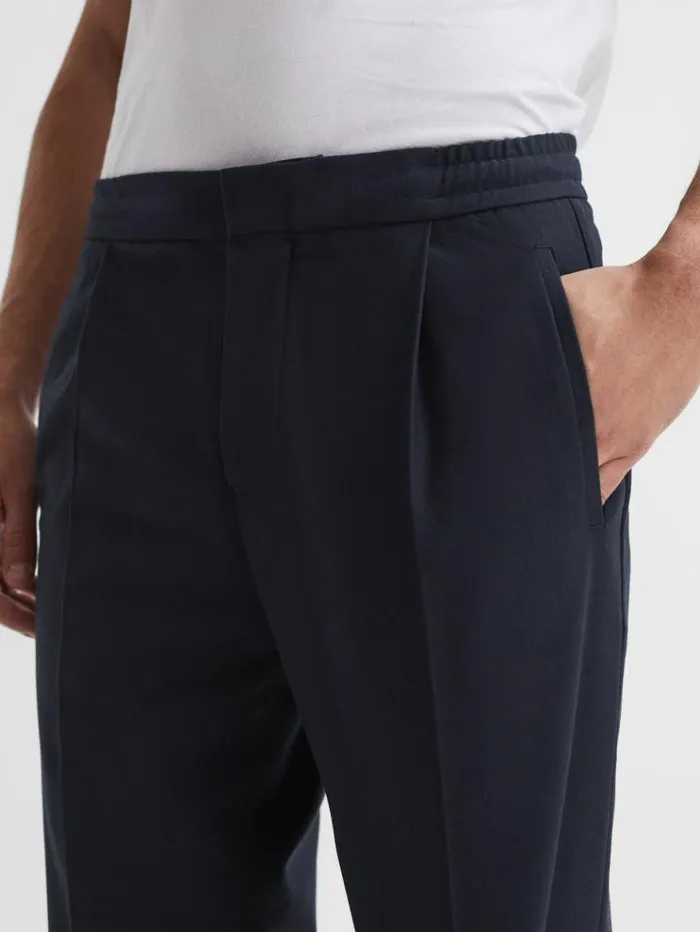 REISS Pants Men Relaxed Drawstring Trousers With TurnUps Navy