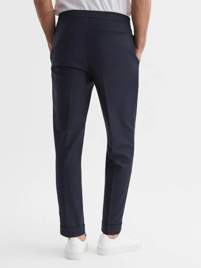 REISS Pants Men Relaxed Drawstring Trousers With TurnUps Navy